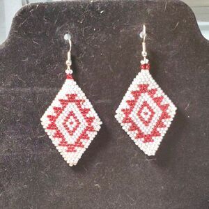 Hand Beaded Geometric Diamond Hook Earrings | Red White Boho Dangle